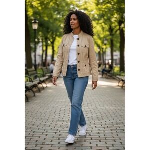 St Johns Bay Womens Khaki Tan Utility Field Jacket Button Front Size Large
